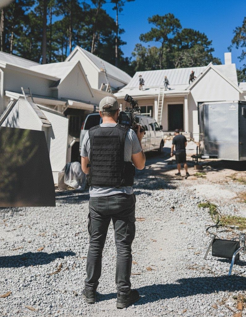 Video marketing Construction jobsite in grey clothing kneels on gravel while working at a residential building site.