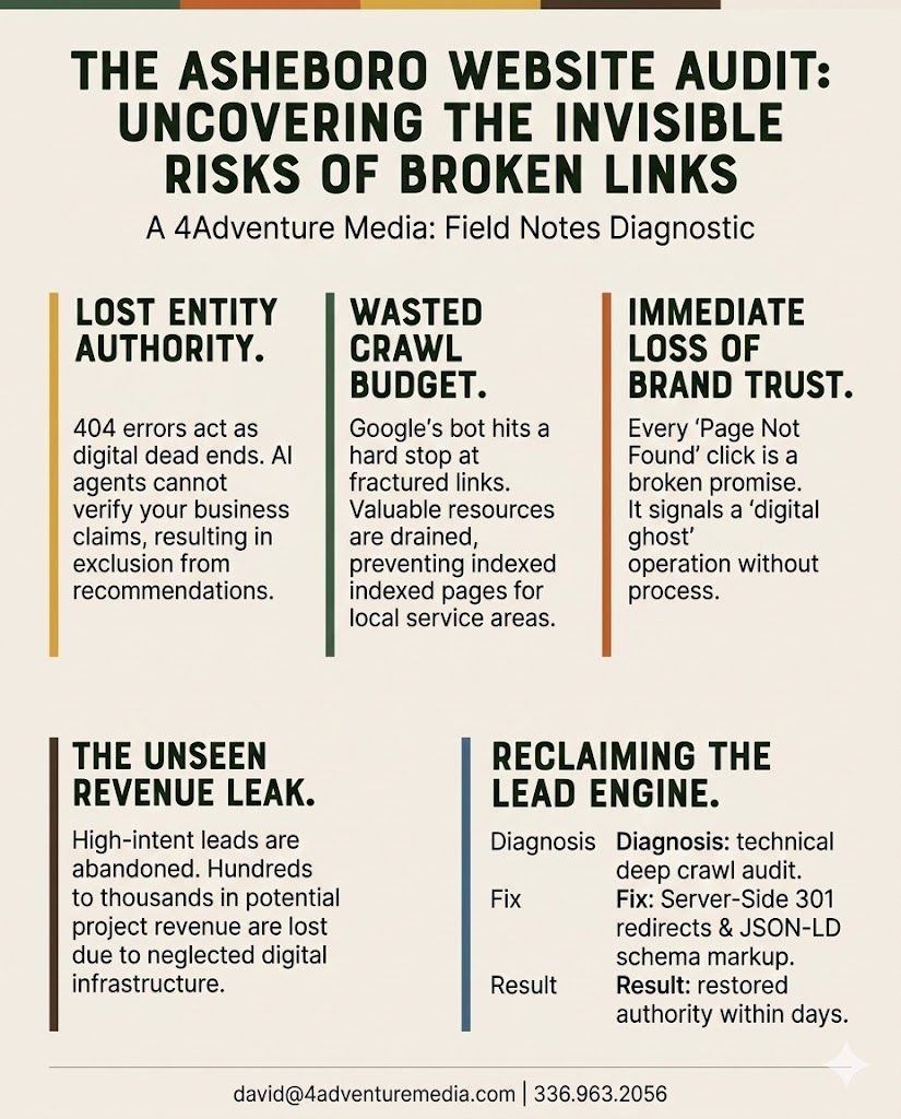 Infographic for an Asheboro website audit detailing the invisible risks of broken links and 404 errors for local trades.