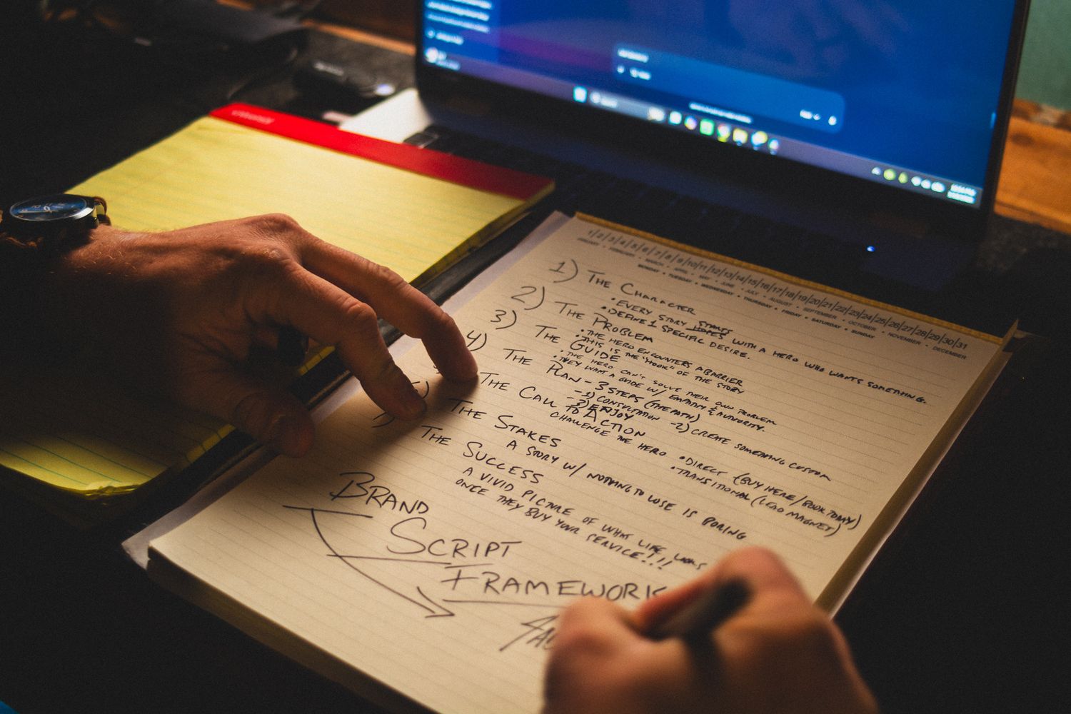 David writing out a brand script framework on paper at his workbench at 4Adventure Media in the Asheboro Studio.