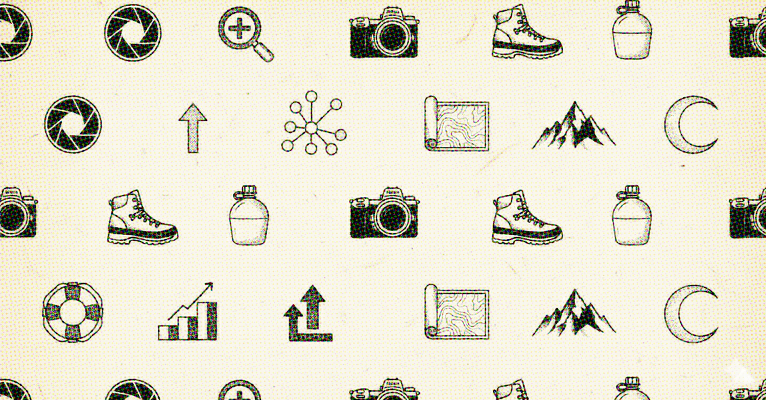 Black and white repeating pattern of small icons including cameras, mountains, plants, and recycling symbols.