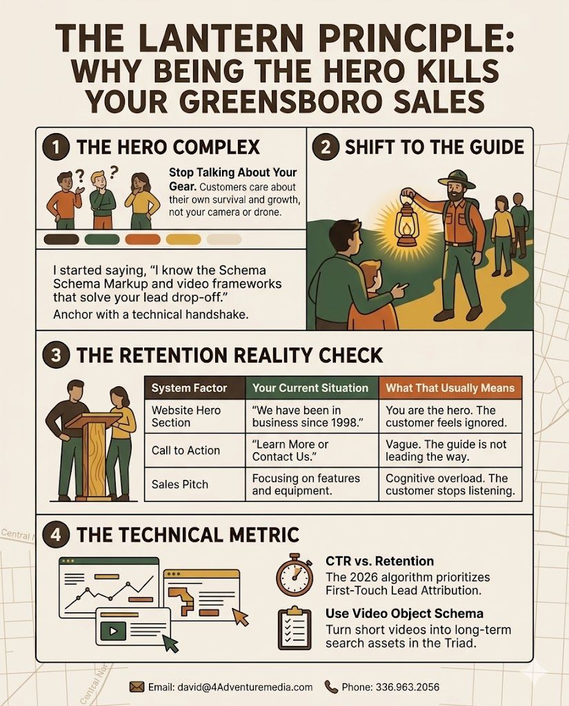 Infographic showing the transition from hero-centric marketing to guide-centric marketing