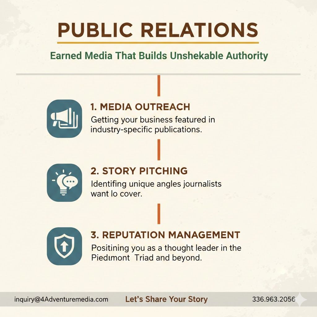 Infographic showing how 4Adventure Media builds public relations authority for businesses in Greensboro and the NC Triad.