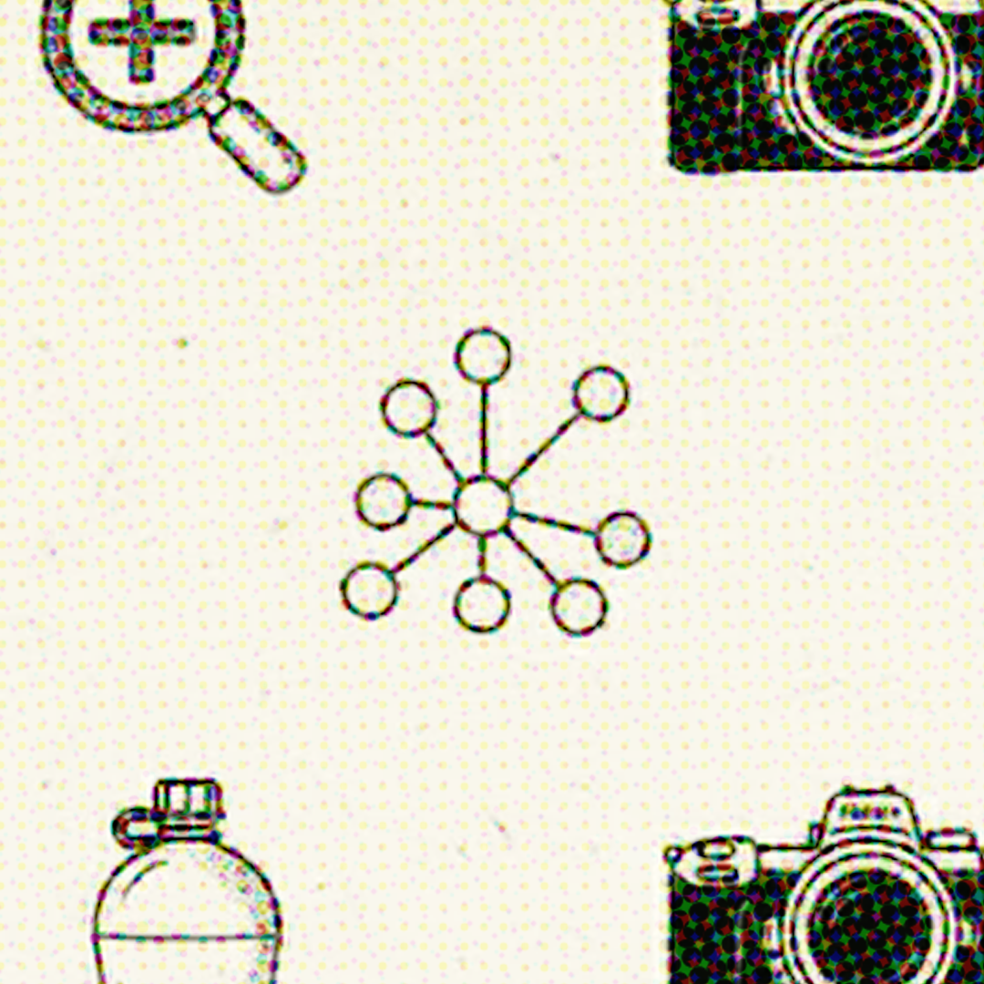 A row of vintage black and white camera icons and equipment symbols arranged horizontally on a light background.
