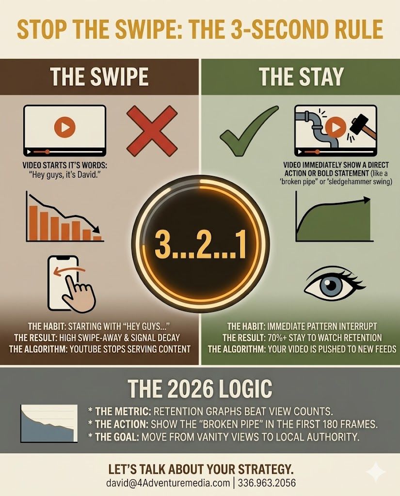 Infographic showing the 3-second rule for video content with comparison graphs and timing indicators for viewer engagement.