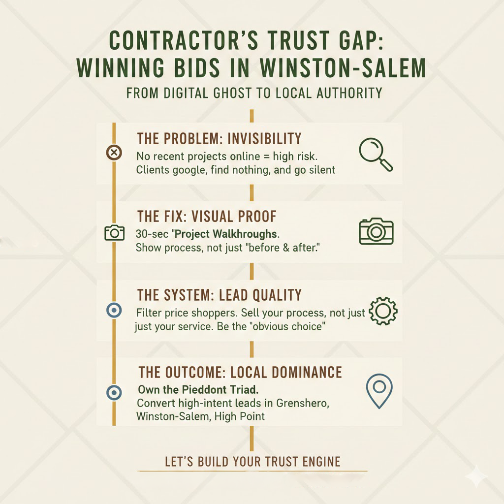 Infographic detailing the 4Adventure Media Contractor Trust Gap framework for winning high-ticket construction bids in Winston-Salem and the