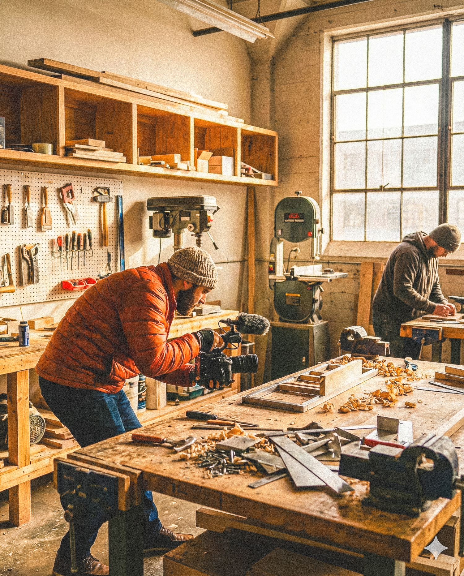 On-site video production with carpenter work in a woodshop with tools organized on shelves and a large window providing natural light.