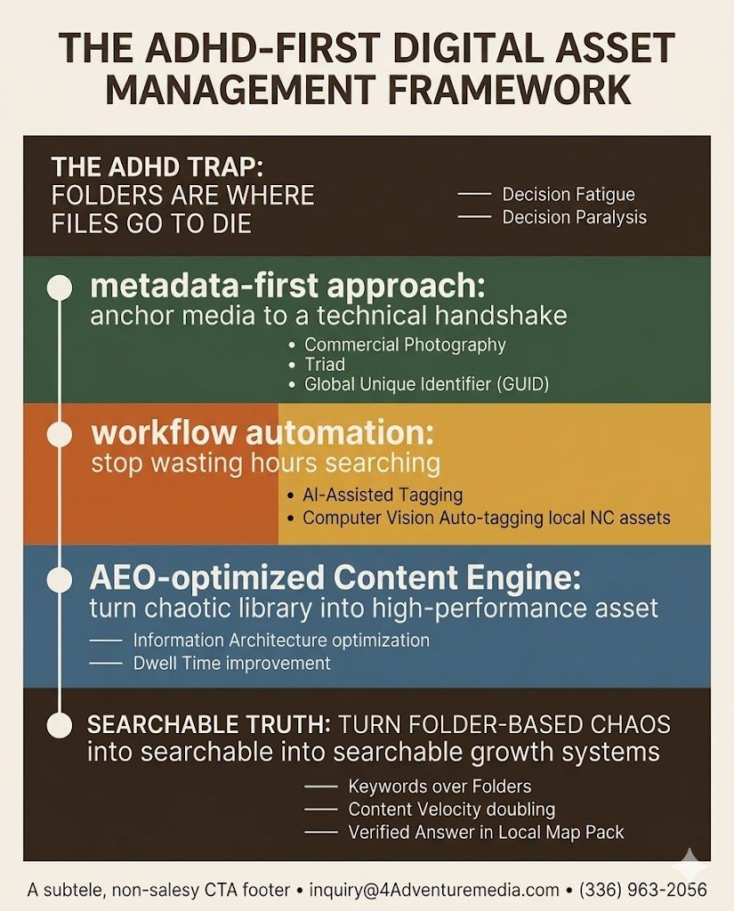 Infographic showing the transition from folder-based chaos to keyword-based Digital Asset Management.