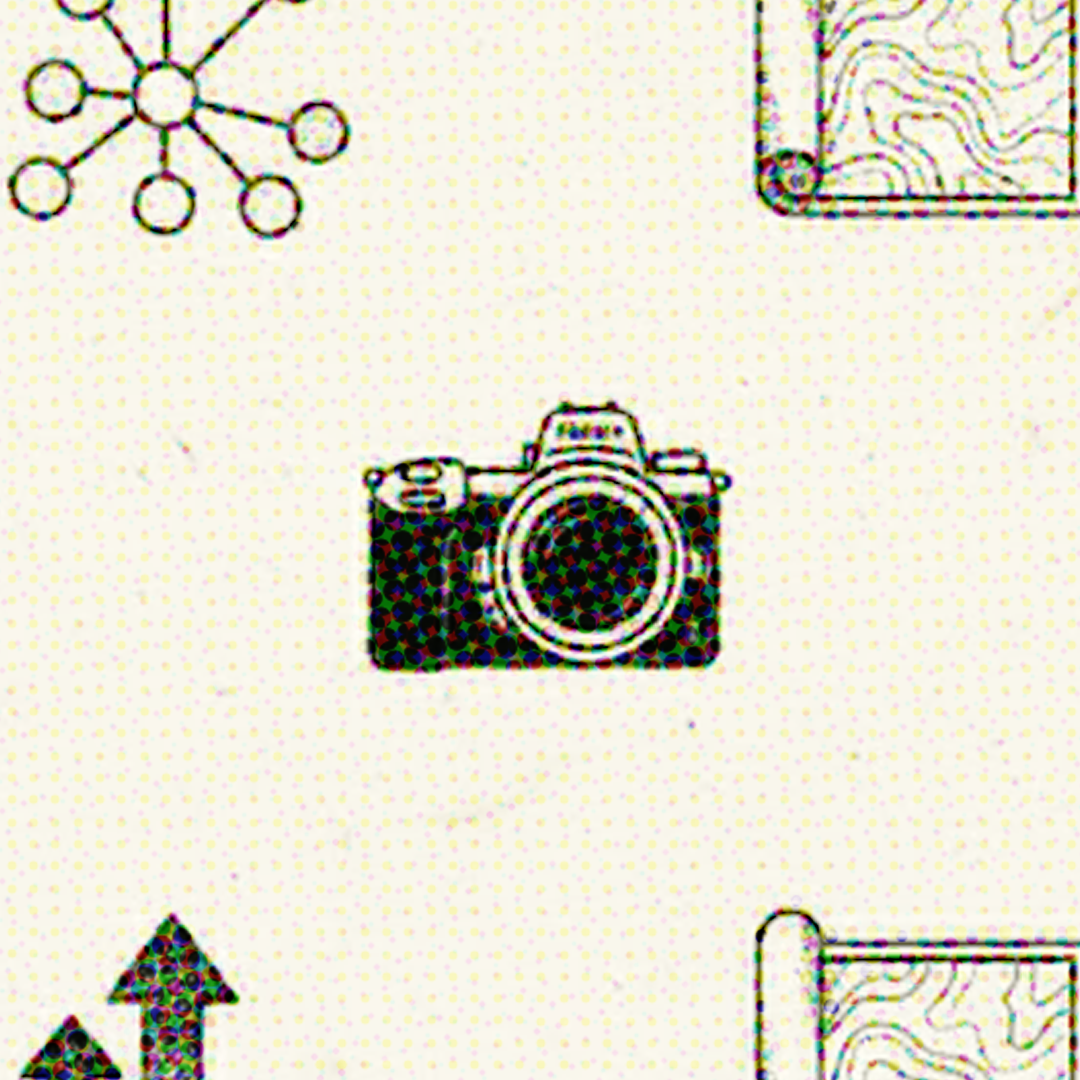 Simple line drawing of a vintage camera with lens and basic details in black ink on beige background.