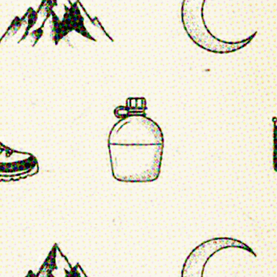 Simple line drawing pattern with mountains, a crescent moon, and a water bottle on a light background.