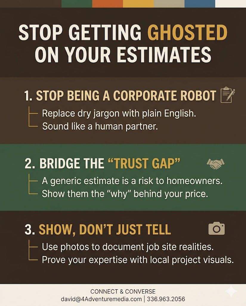 Infographic showing contractors how to stop getting ghosted on estimates in Asheboro, NC, by using human language & bridging the trust gap.