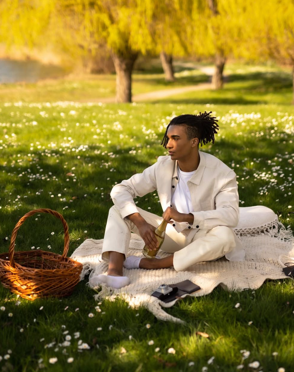 Person in white clothing enjoying a peaceful picnic on a grass field with spring flowers.