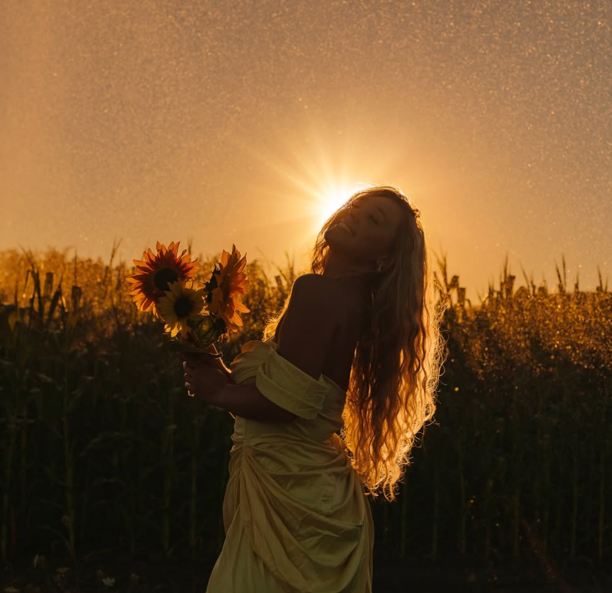 Silhouette holds flowers against golden sunset in field with dramatic backlighting.