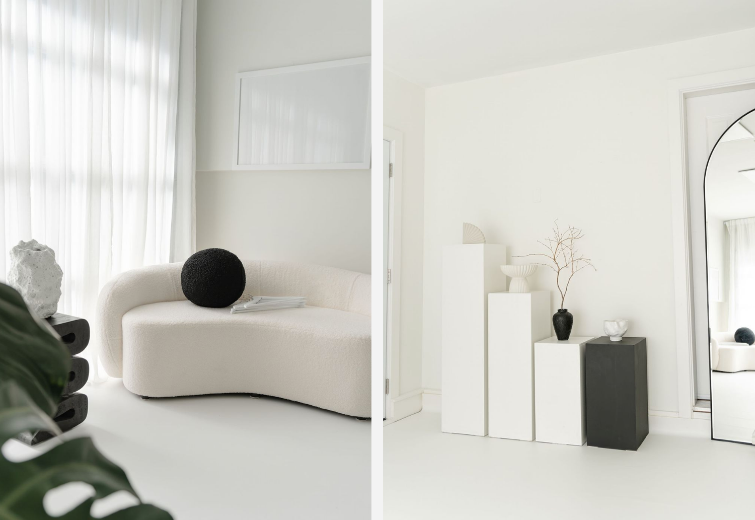 Studio B Esquimalt
Minimalist white interior design with soft natural lighting and a black sculptural accent piece on a shelf.