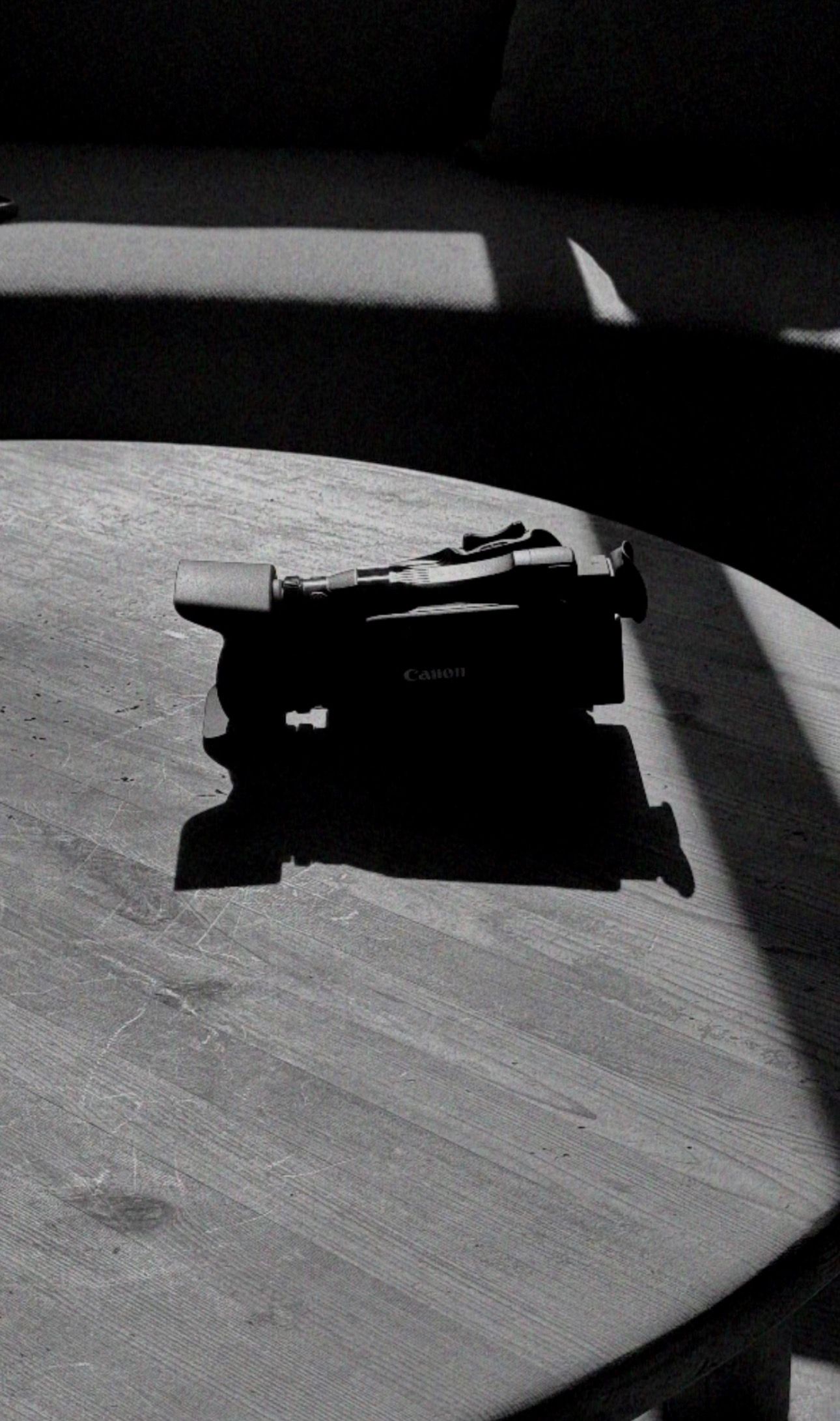 A black and white photo shows a small object casting dramatic shadows on a textured wooden surface.
