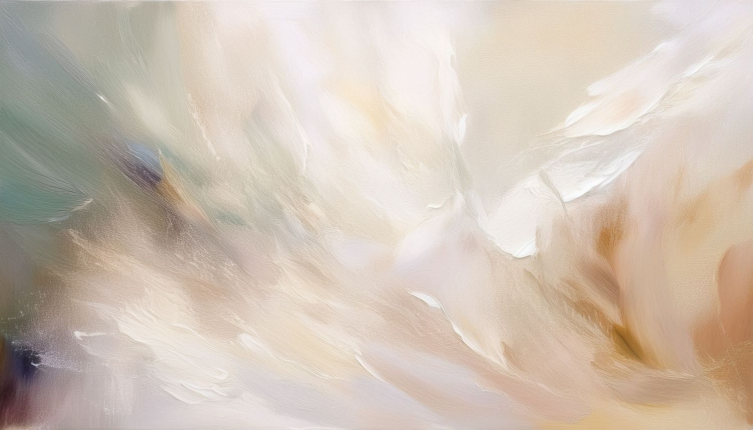 Abstract painting in soft beige and white tones with gentle brushstrokes creating an ethereal, cloud-like effect.