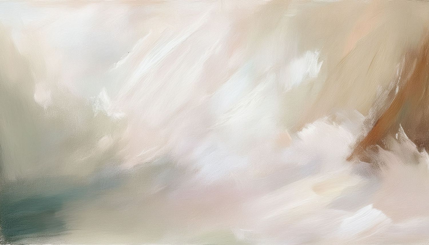 Abstract painting with soft blends of white, beige and teal colors creating an ethereal atmospheric effect.