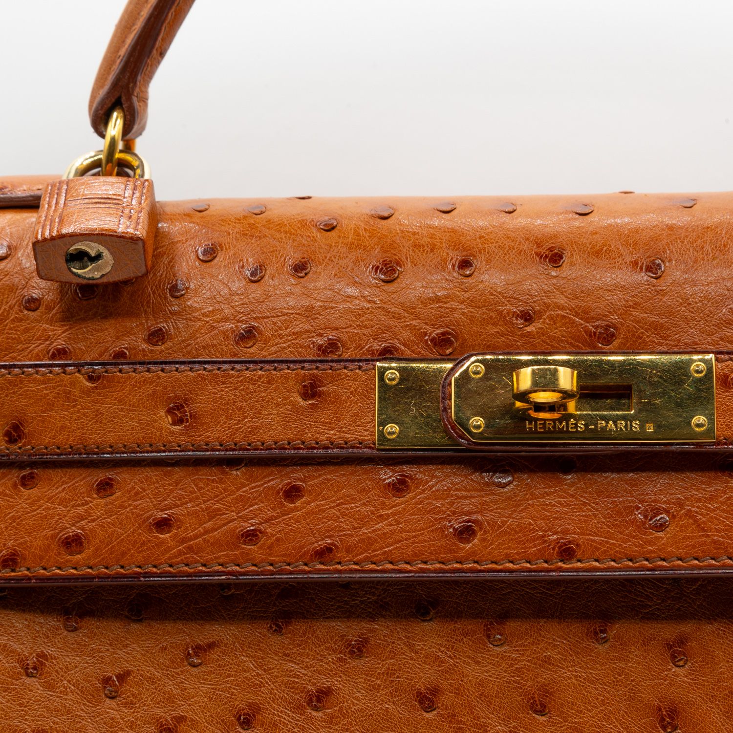 Close-up detail of gold hardware and textured leather on a designer handbag.