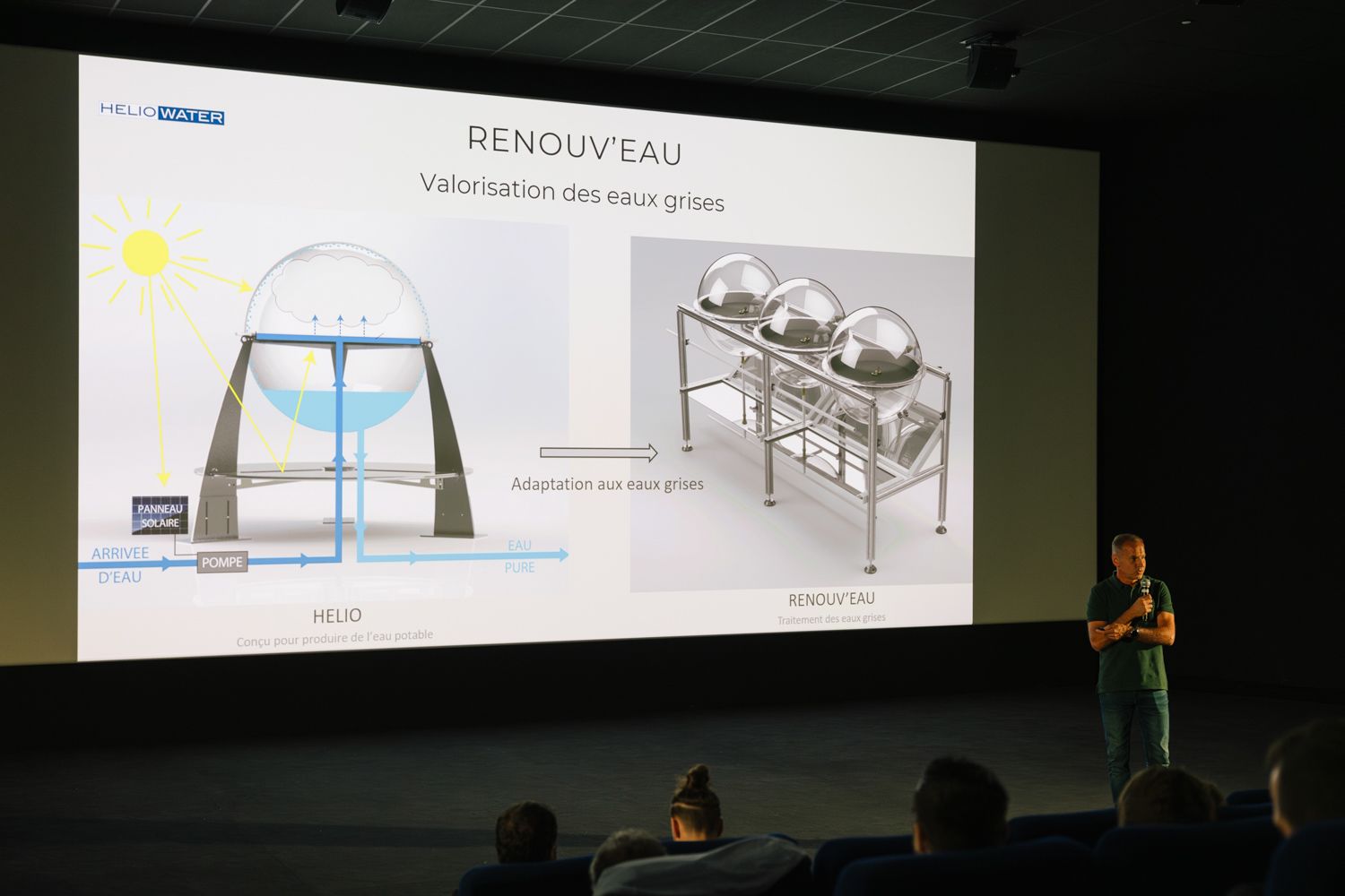 Technical presentation slide showing renewable energy system diagrams projected on screen.