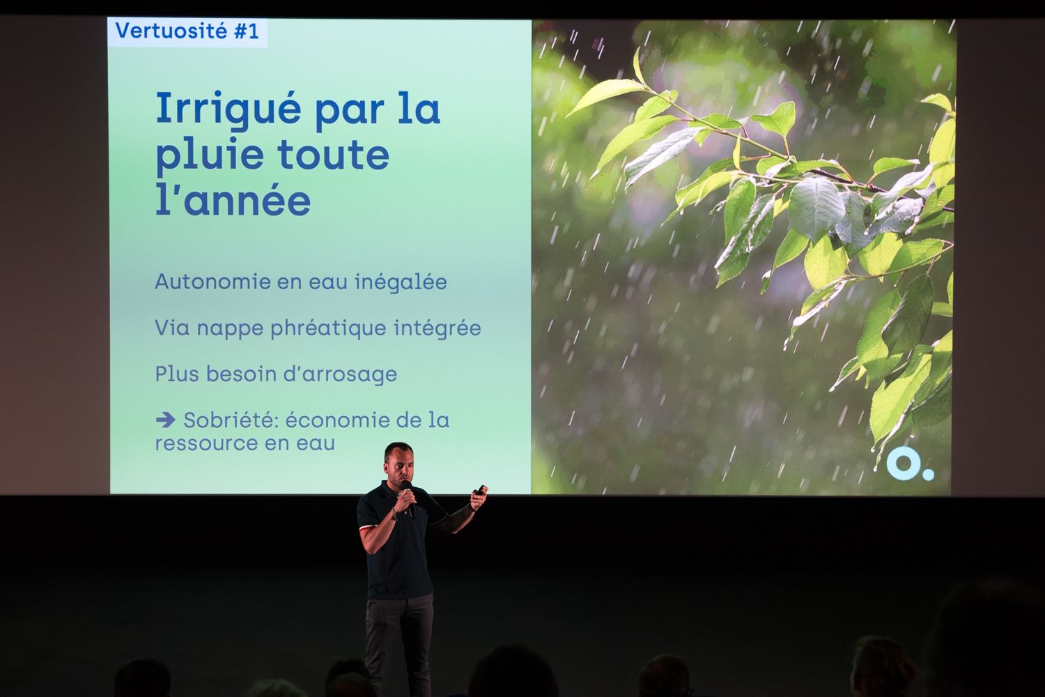 A presentation slide about irrigation systems with nature imagery displayed on a projection screen.