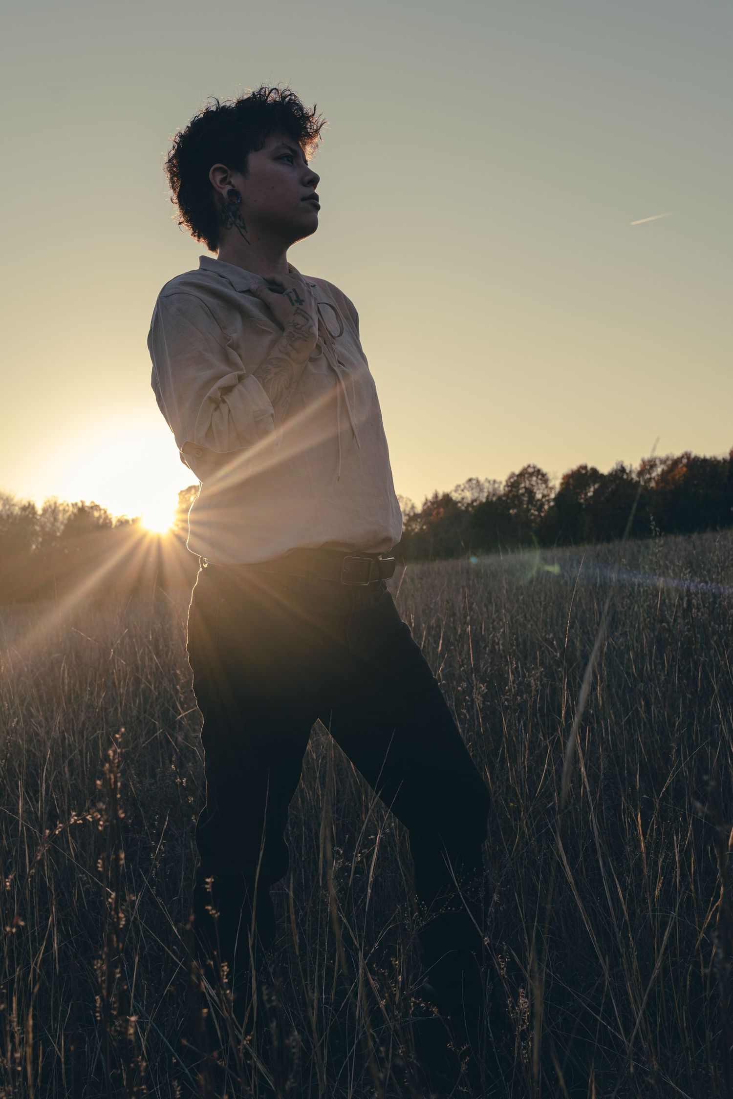 A silhouetted figure stands in tall grass against a setting sun creating a dramatic backlit nature scene.