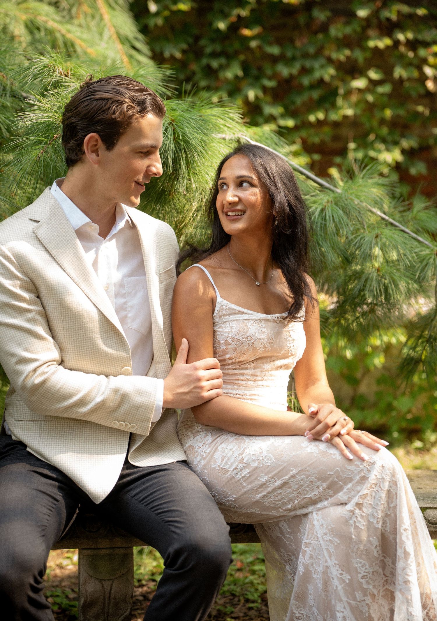 Engaged couple at Elizabeth Street Garden photoshoot