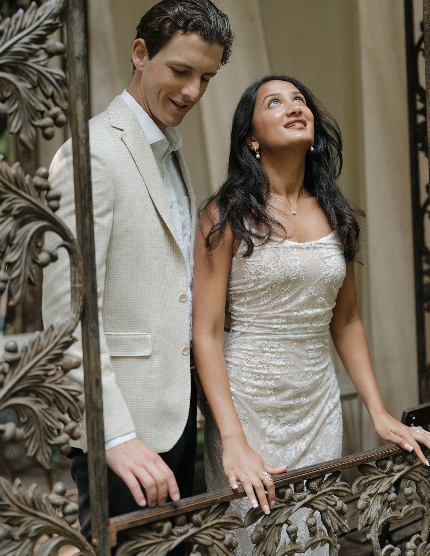 Engaged couple at Elizabeth Street Garden photoshoot