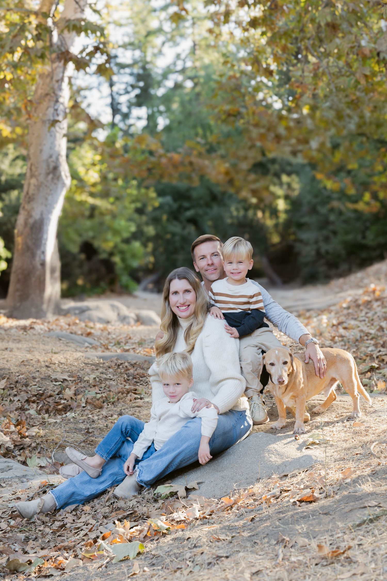 Family sitting together with their golden retriever on a hillside path covered in autumn leaves during an outdoor photo session.