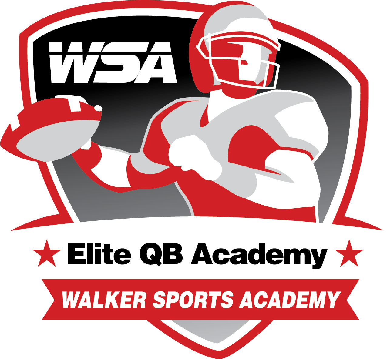 WSA Elite QB Academy Walker Sports Academy logo featuring a football player in red uniform on a shield emblem.