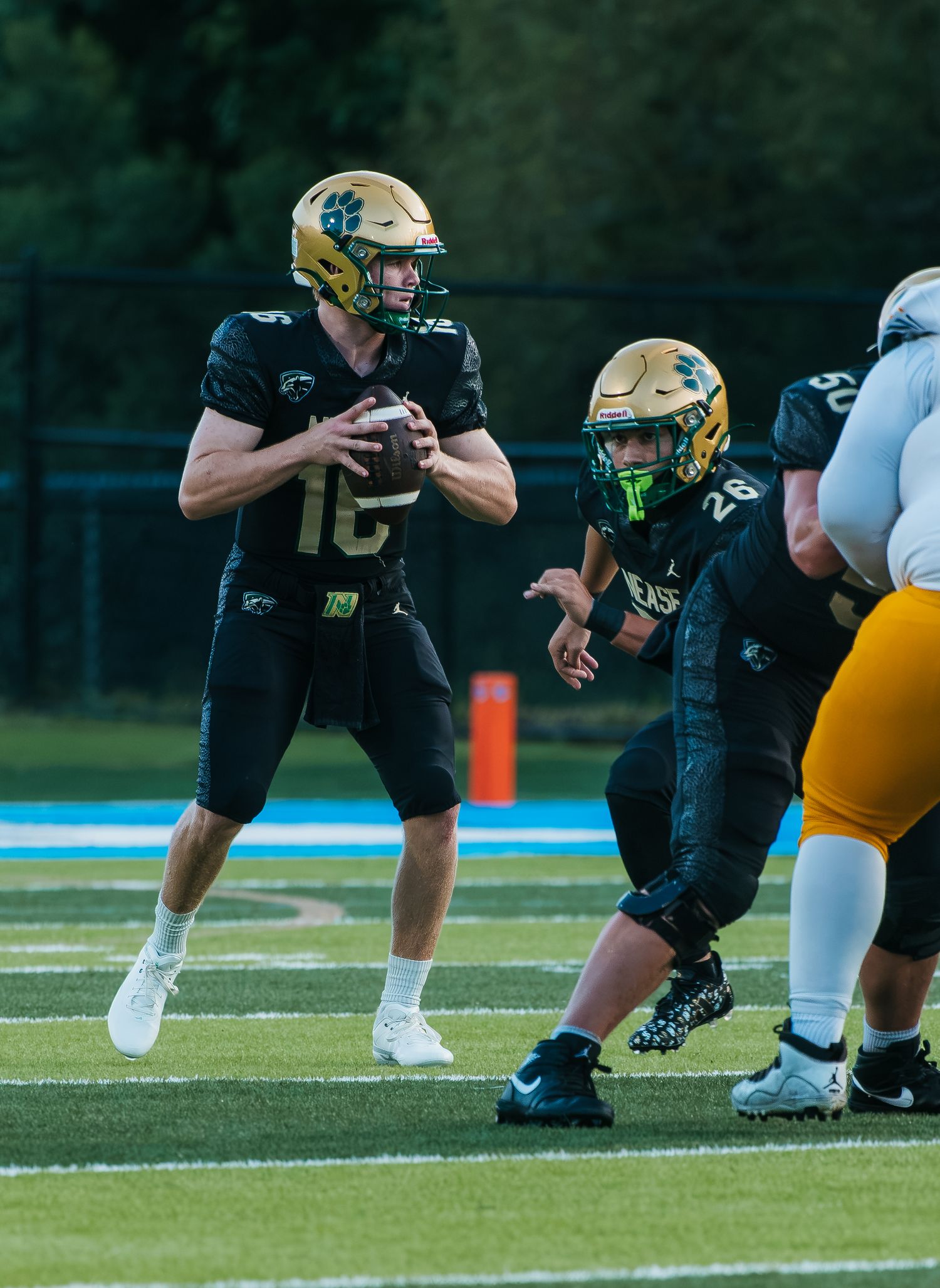 Football quarterback in black uniform holding ball ready to throw during a game under stadium lights.