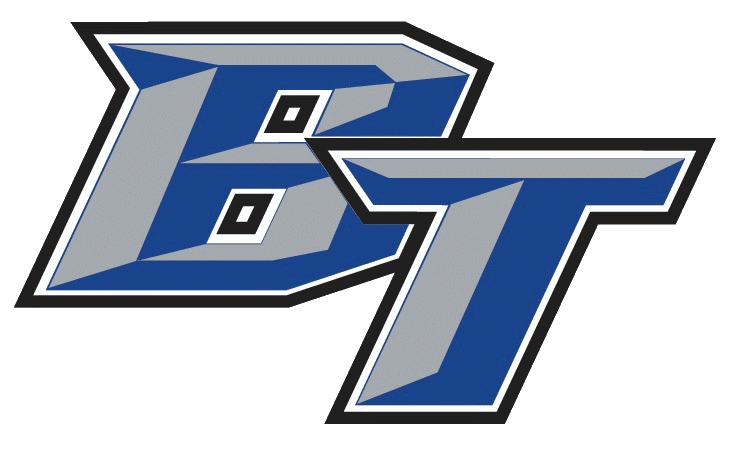 Blue and gray BT interlocking letters logo for a sports team with bold athletic font design.