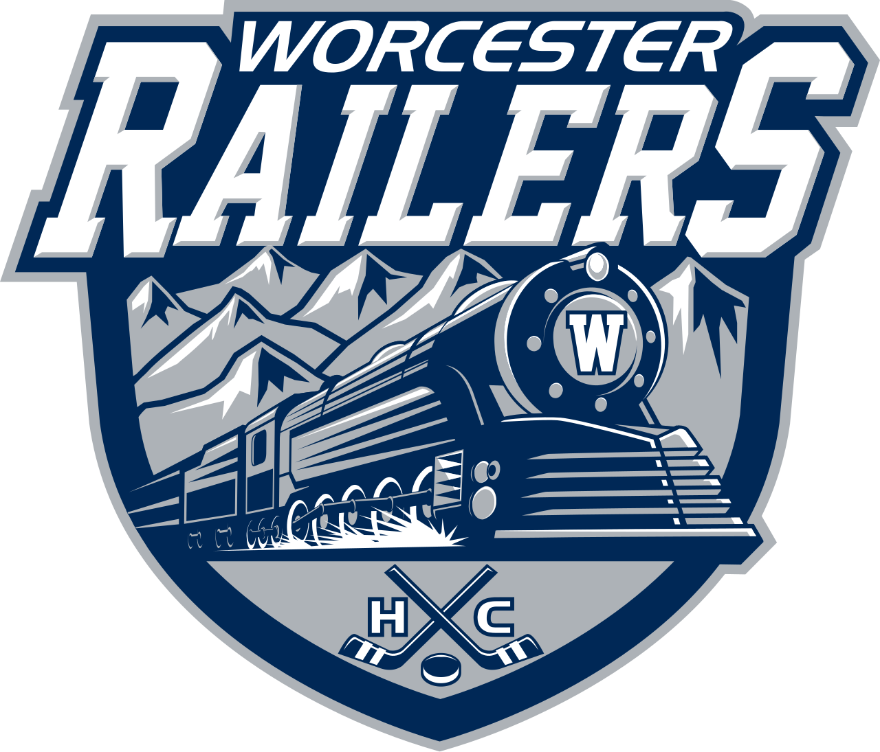 Worcester Railers HC hockey team logo featuring a vintage steam locomotive, shield design, and mountain backdrop in navy and silver.