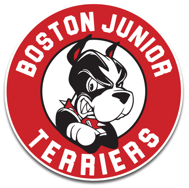 Boston Junior Terriers hockey team circular logo featuring a fierce bulldog mascot in red, white, and black.
