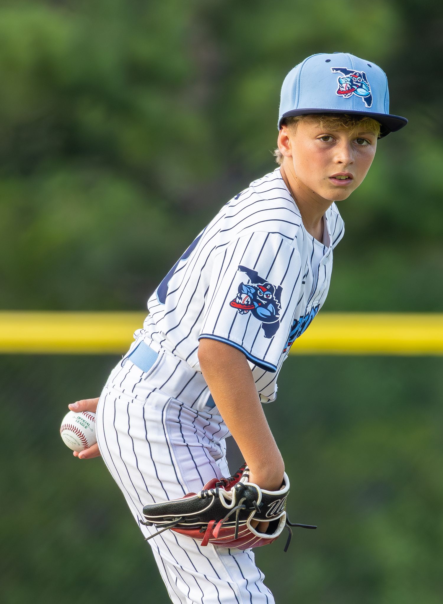 Young baseball pitcher in white pinstripe uniform winds up to throw during a youth league game outdoors.
