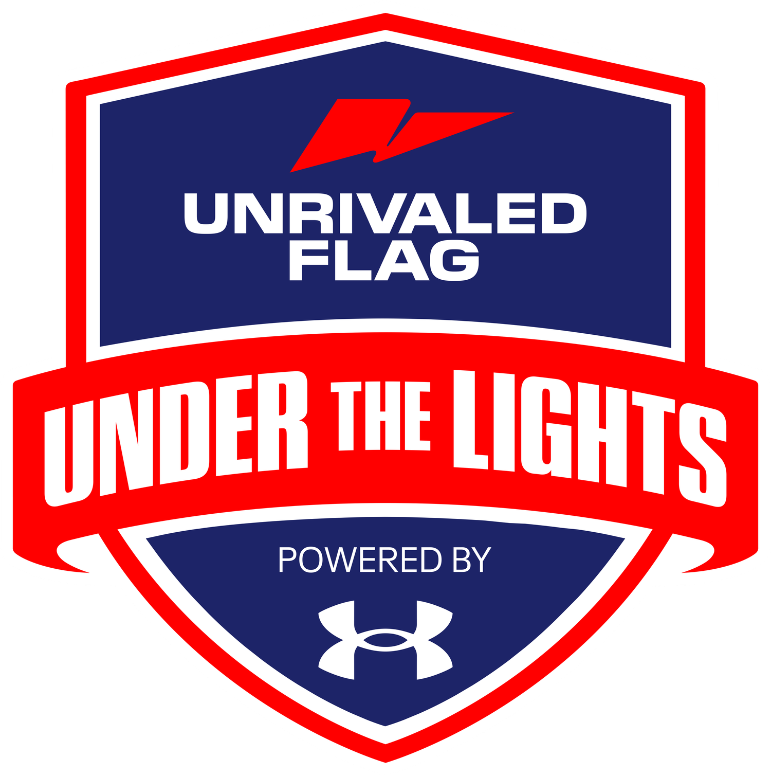 Unrivaled Flag Under The Lights tournament logo powered by Under Armour, featuring a shield design in red, white, and blue.