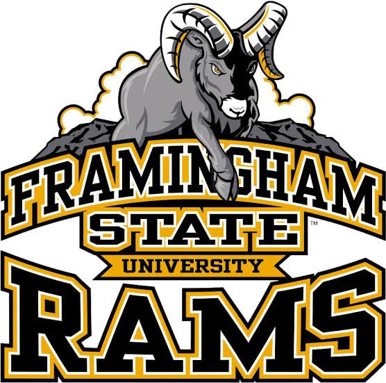 Framingham State University Rams logo featuring a bold ram mascot in gray and black with gold and black lettering.