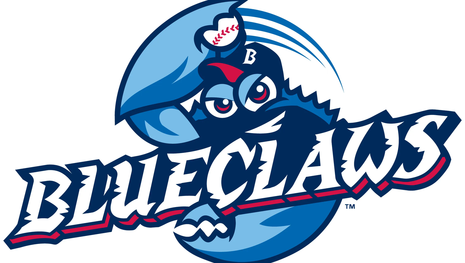BlueClaws minor league baseball team logo featuring a cartoon blue crab wearing a baseball cap with bold red and blue text.