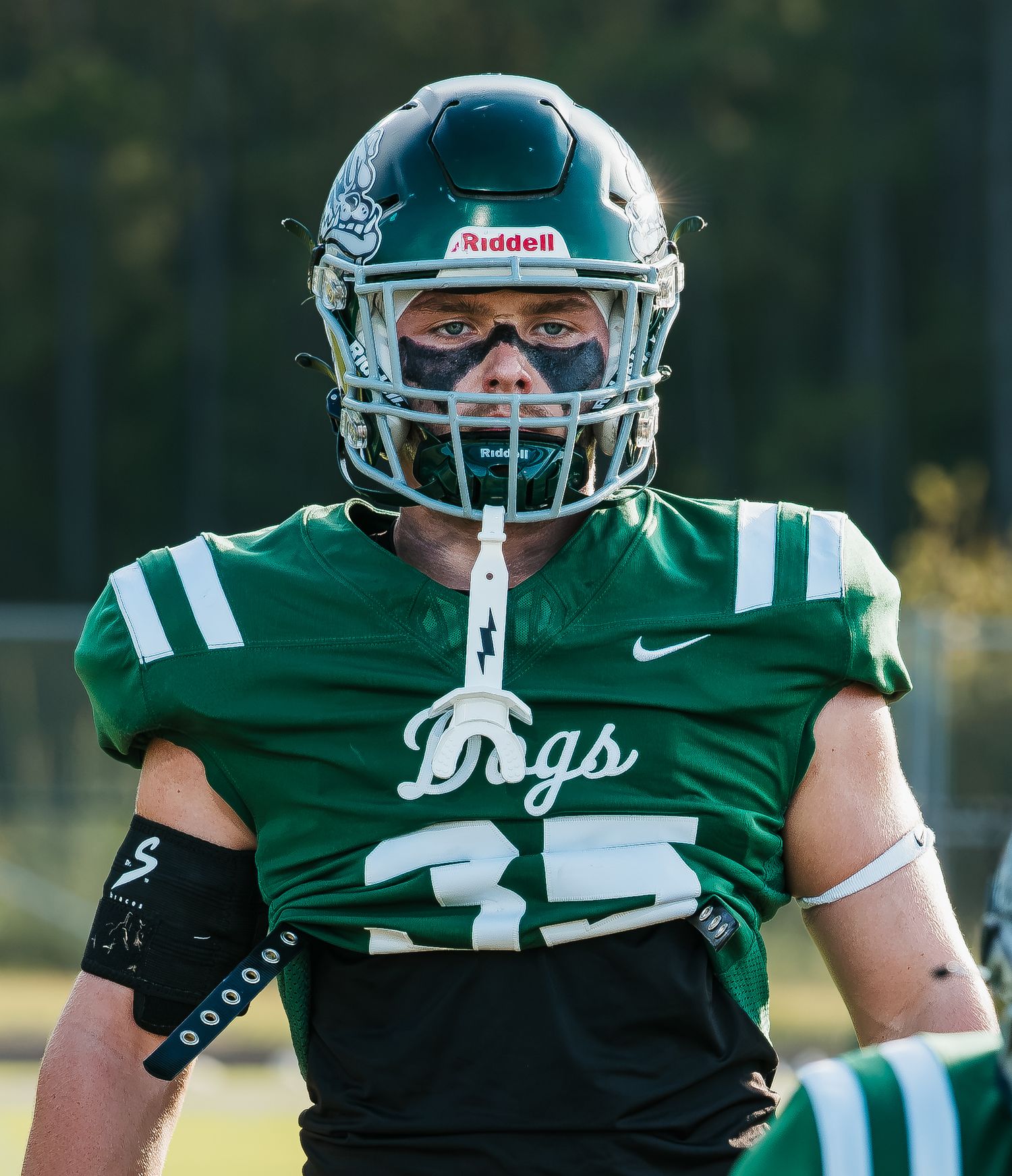 Football player wearing green Riddell helmet and jersey number 35 with Dogs team name on field during game.