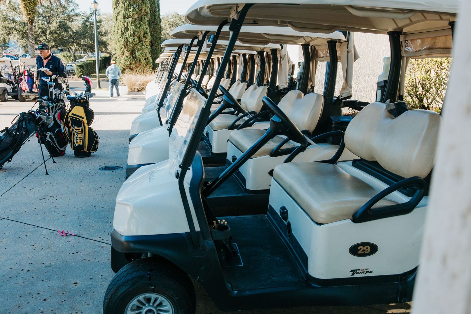 A row of white golf carts lined up on a path at a golf course, ready for use by players.