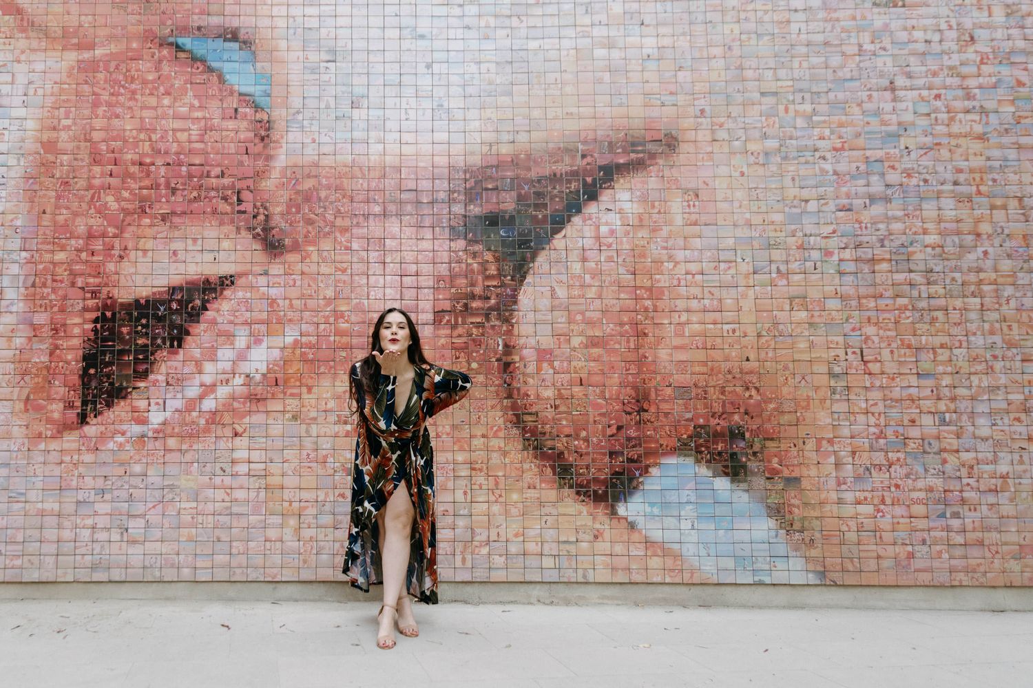 Artistic photo series against pink mosaic wall with urban style.