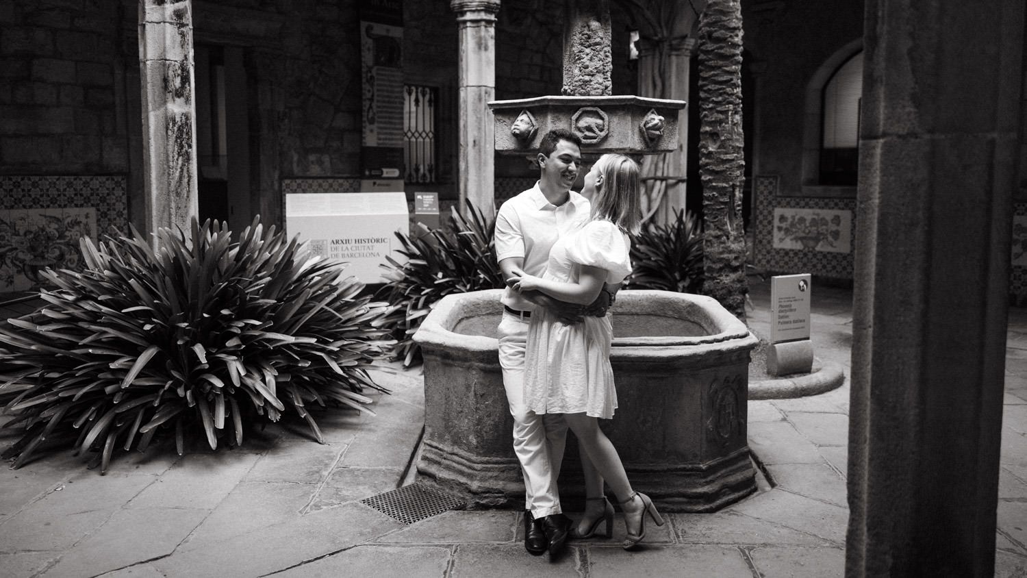 Artistic black and white architectural photography in Barcelona's Gothic Quarter.