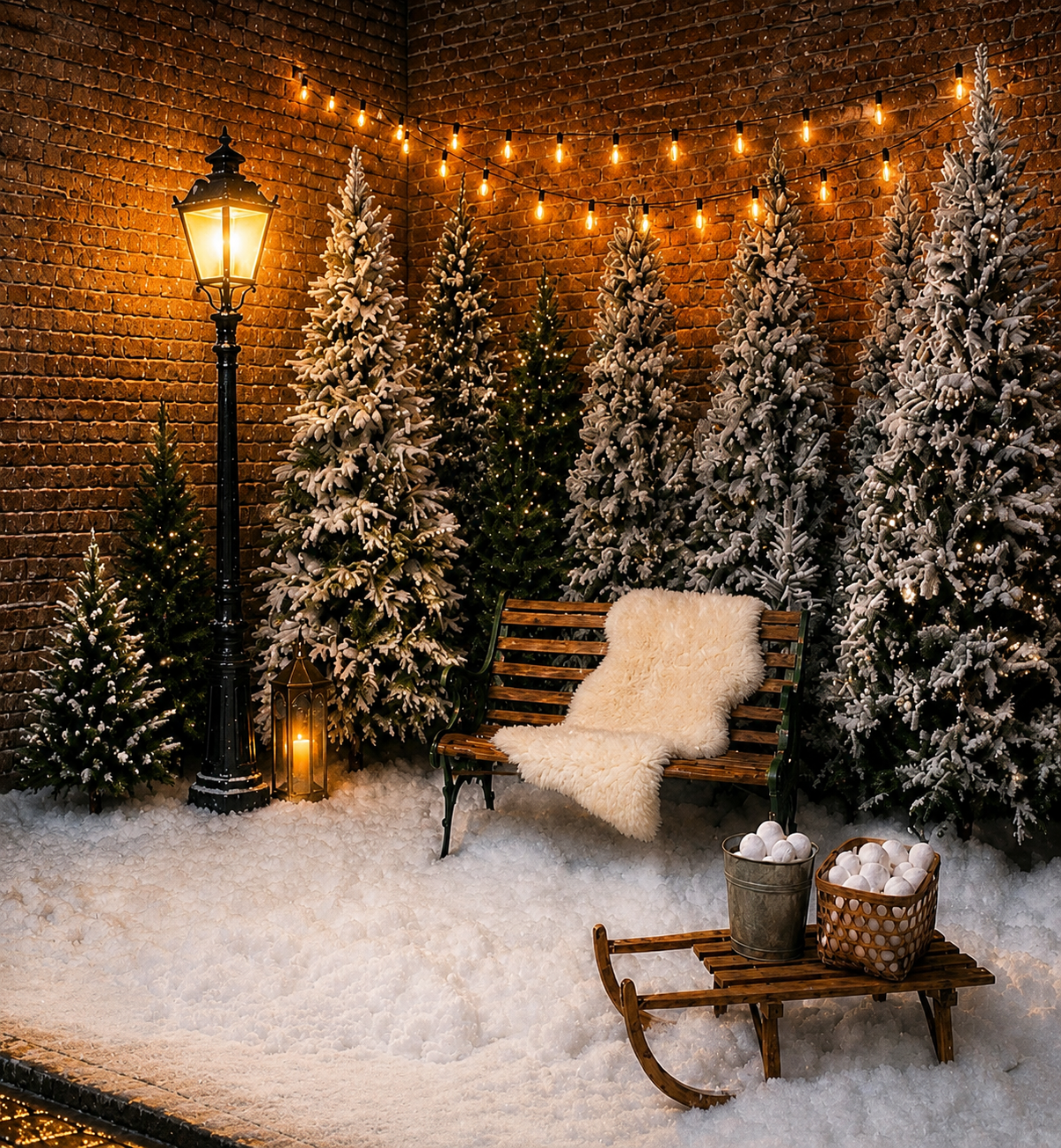 Cozy winter scene with snow-covered Christmas trees, a wooden bench, sled, and glowing street lamp against a brick wall.