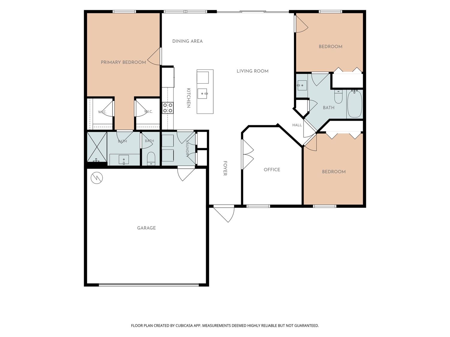 Floor plan of a single-story home with primary bedroom, two additional bedrooms, open living room, office, and attached two-car garage.