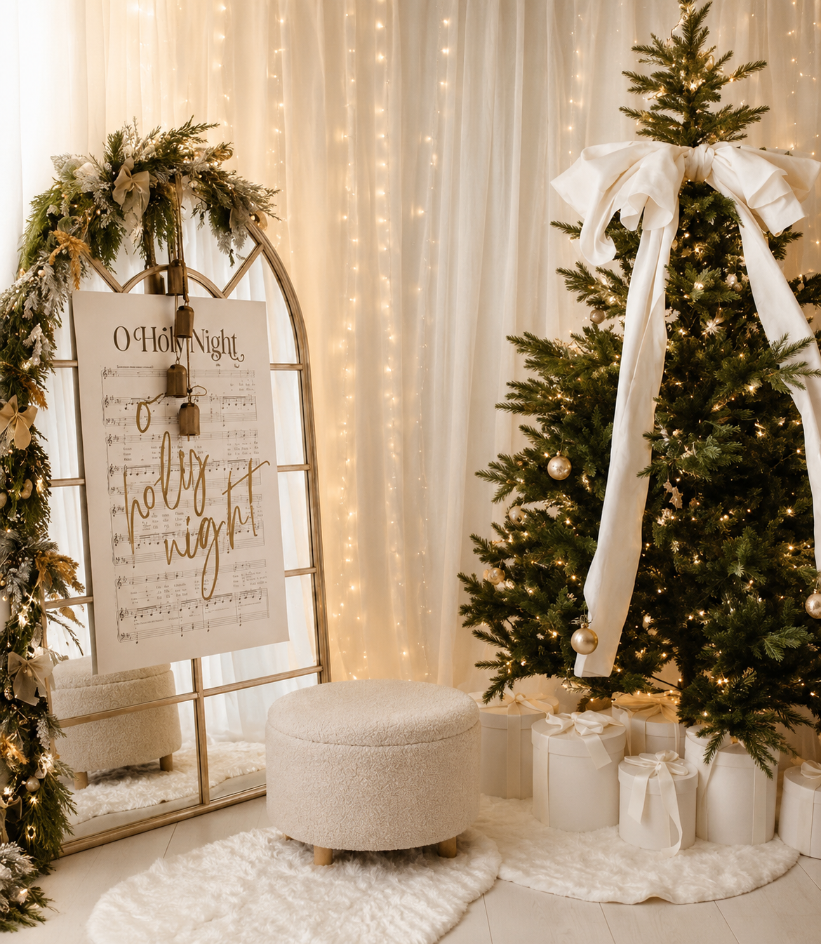 Elegant Christmas vignette with lit tree, white bow, fairy lights, O Holy Night sheet music sign, and gifts.