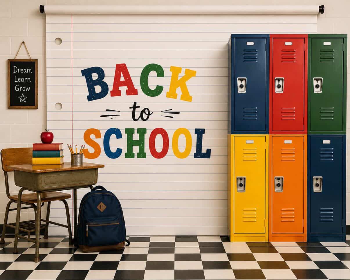 Colorful back to school backdrop featuring lockers, a desk, backpack, and bold lettering.