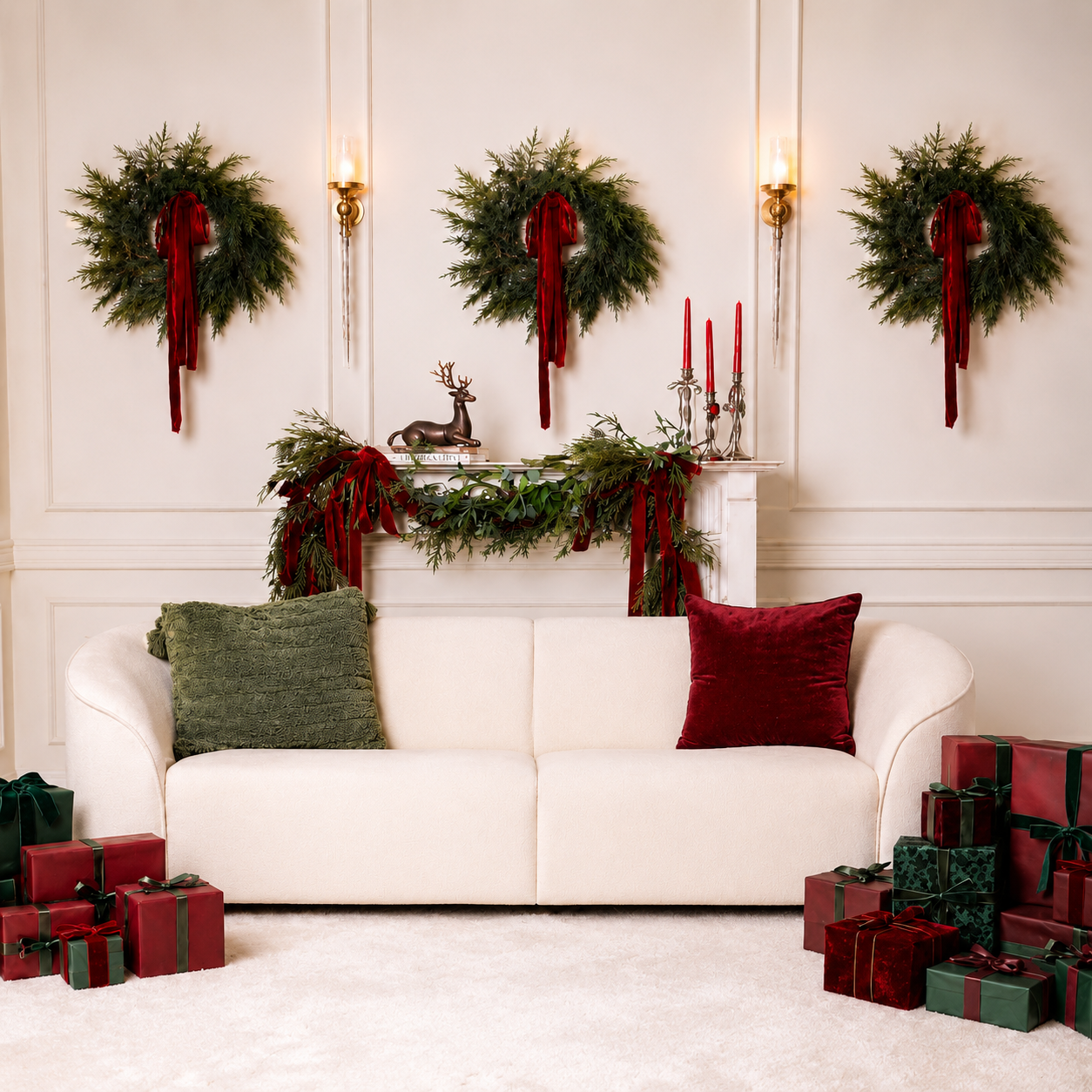 White sofa with red and green pillows, Christmas wreaths, candles, and wrapped gifts in a festive holiday living room.