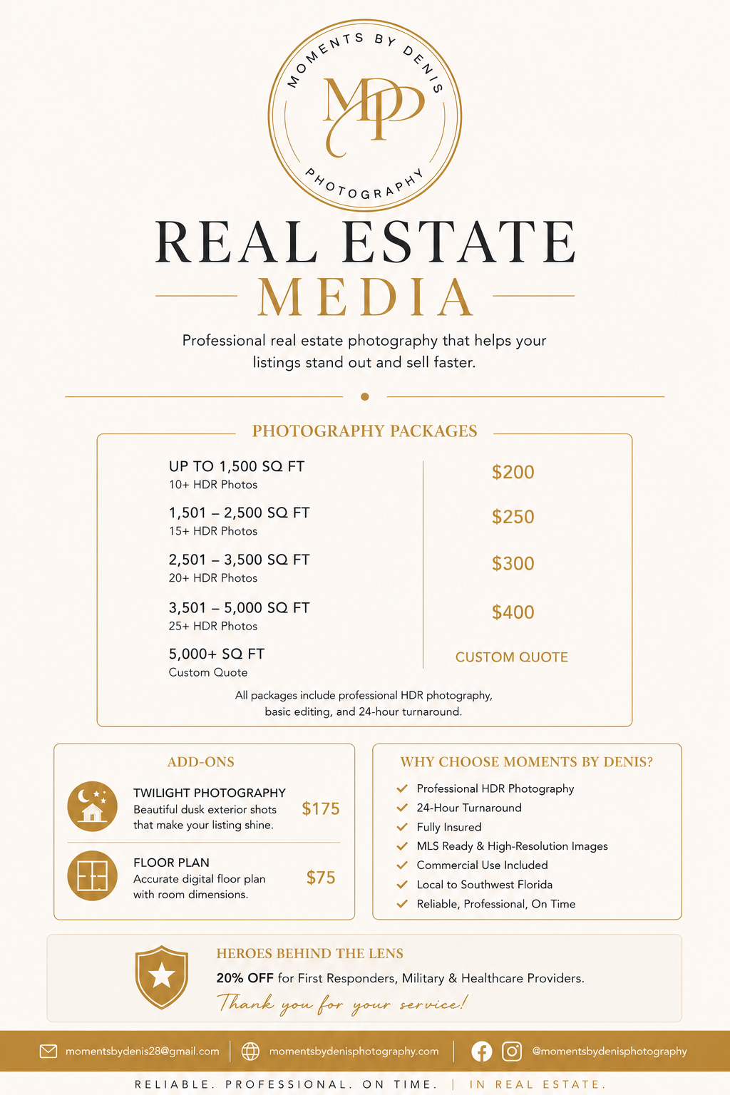 Real estate media photography packages flyer for Moments by Denis, showcasing HDR photo pricing and add-on services.