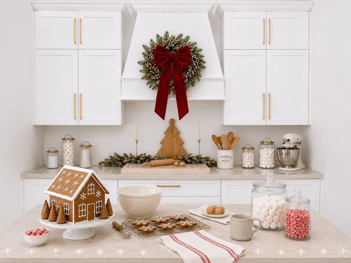 White kitchen decorated for Christmas with a wreath and red bow, a gingerbread house, cookies, and candy jars on a marble countertop.