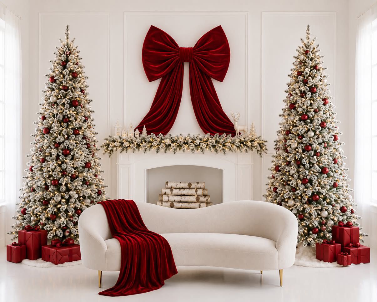 Cream curved sofa with red velvet throw between two flocked Christmas trees, a giant red velvet bow above a white fireplace with garland.