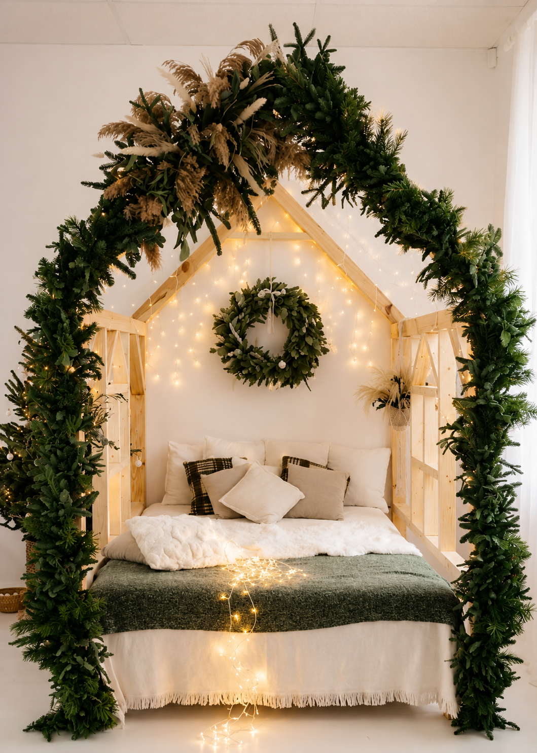 Cozy bed with fairy lights, green garland arch, wreath, and holiday decor in a festive Christmas bedroom setup.
