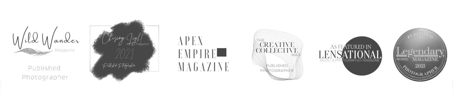 Row of five gray circular minimalist photography brand logos on white background.